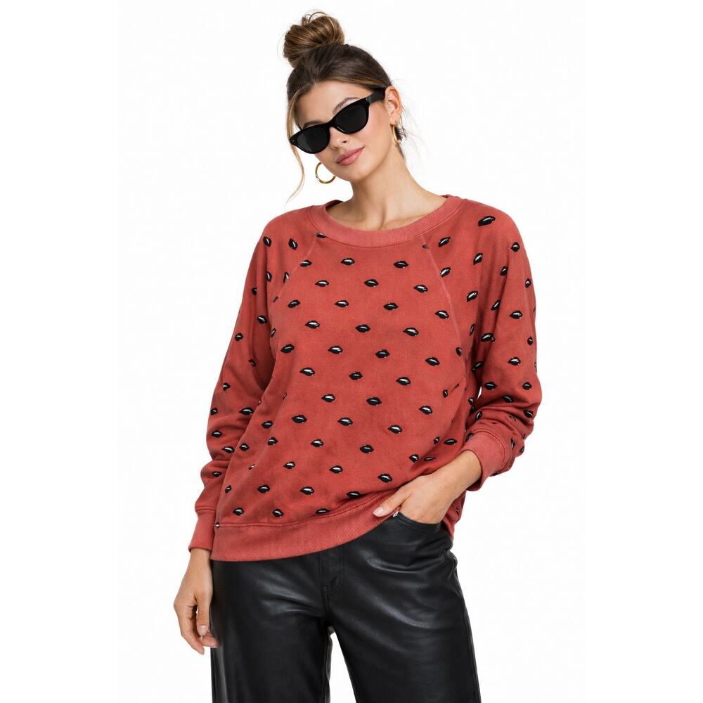 Wildfox Oversized Pink Lip Service Sweatshirt Black Lips Biting Pullover M Retro